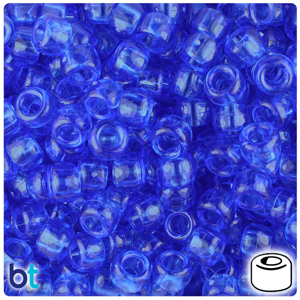 BeadTin Dark Sapphire Transparent 9mm Barrel Plastic Pony Beads (500pcs)