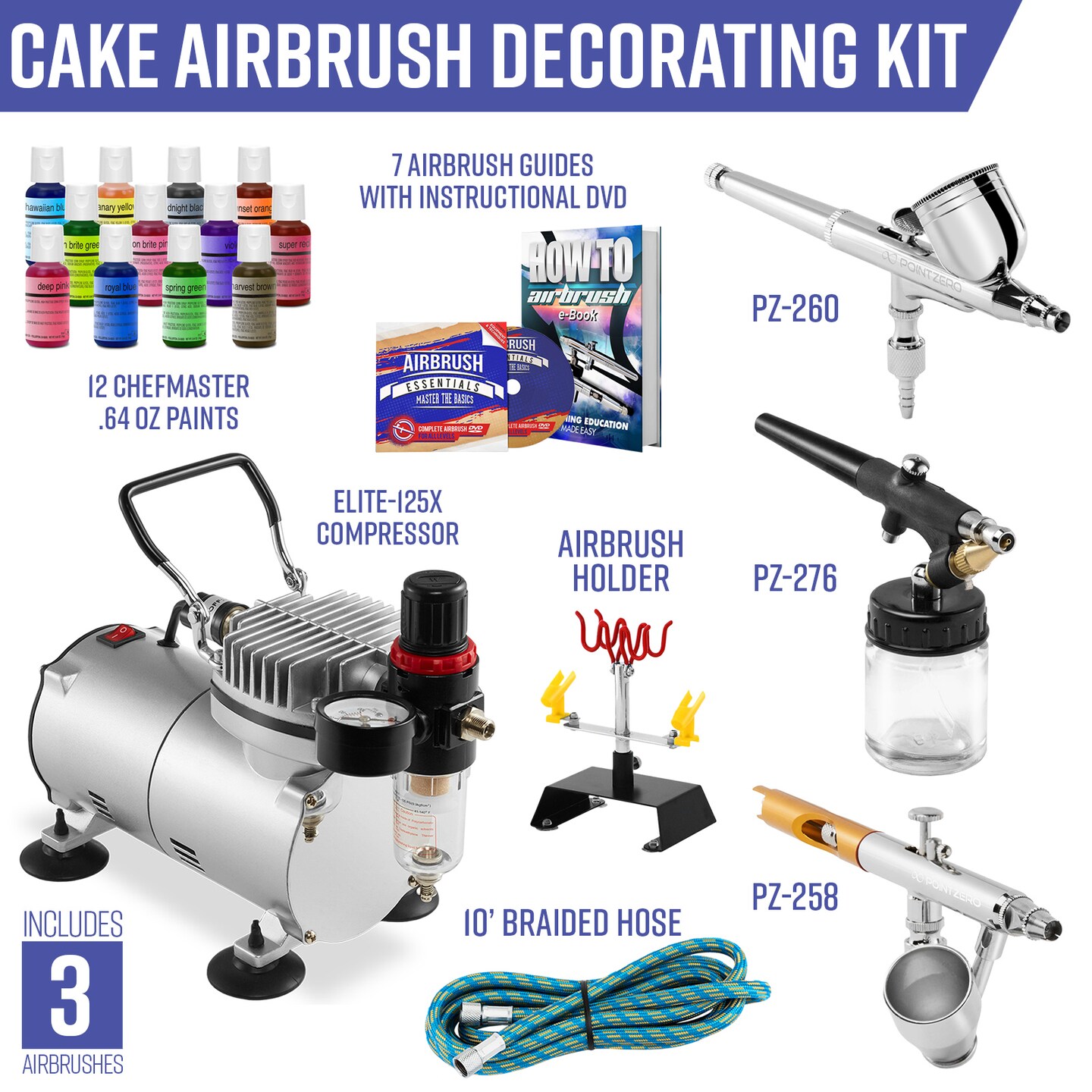 PointZero Airbrush Cake Decorating Kit - 3 Airbrushes, Compressor, and 12 Chefmaster Colors