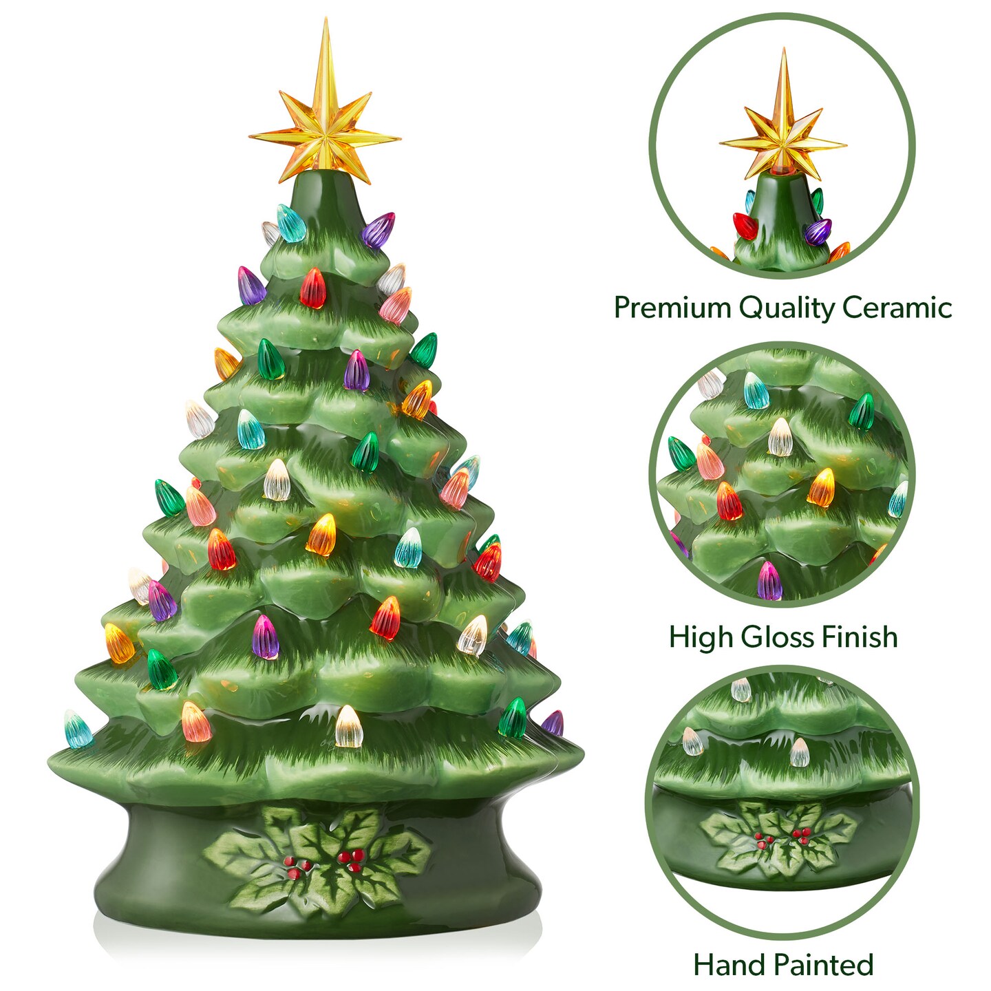 Casafield Hand Painted Ceramic Christmas Tree, Green 15-Inch Pre-Lit Tree with 128 Multi Color Lights and 2 Star Toppers