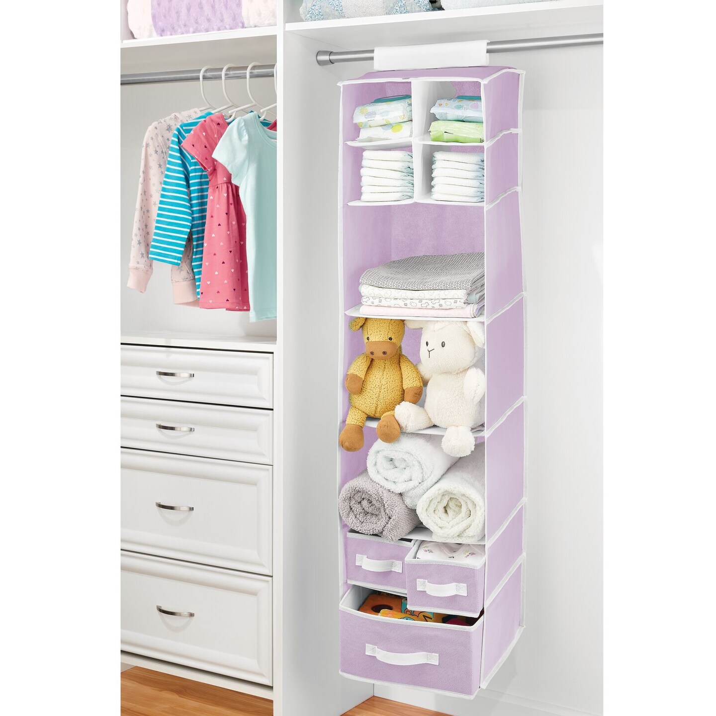 mDesign Fabric Nursery Hanging Organizer with 7 Shelves/3 Drawers
