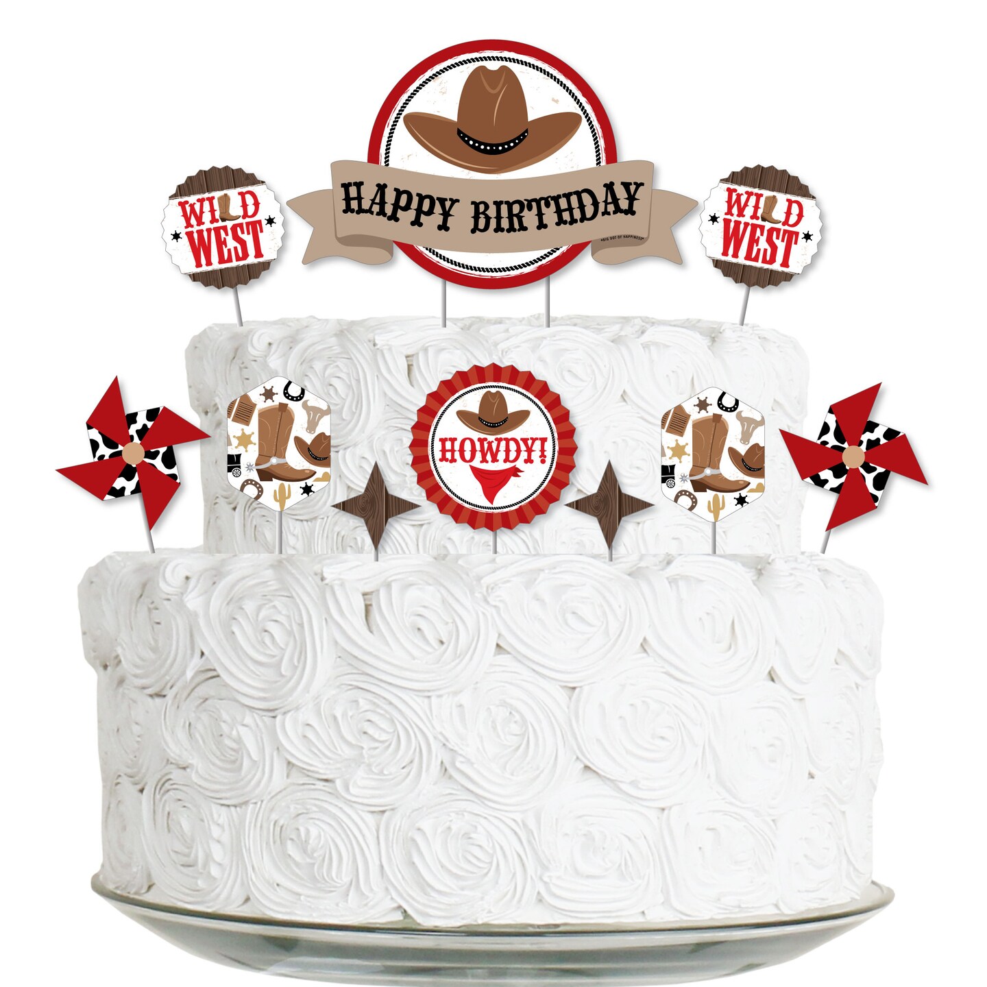 Big Dot of Happiness Western Hoedown - Wild West Cowboy Birthday Party Cake Decorating Kit - Happy Birthday Cake Topper Set - 11 Pieces