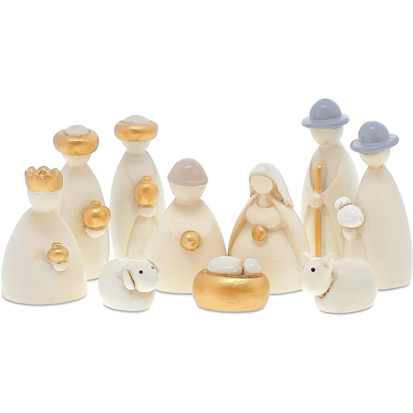 10 Piece Mini Nativity Set Figurines, Manger Scene for Indoor, Religious Christmas Decorations (White and Gold, 2.5 in)