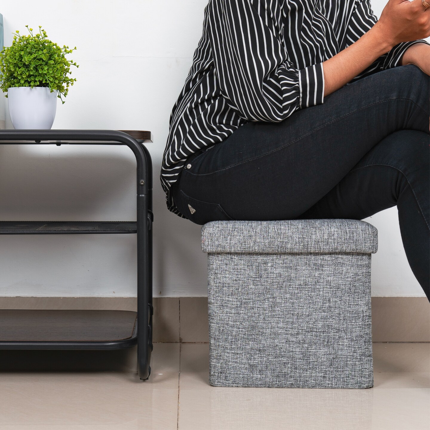 Decorative Grey Foldable Cube Ottoman Stools for Living Room, Bedroom, Dining, Playroom or Office