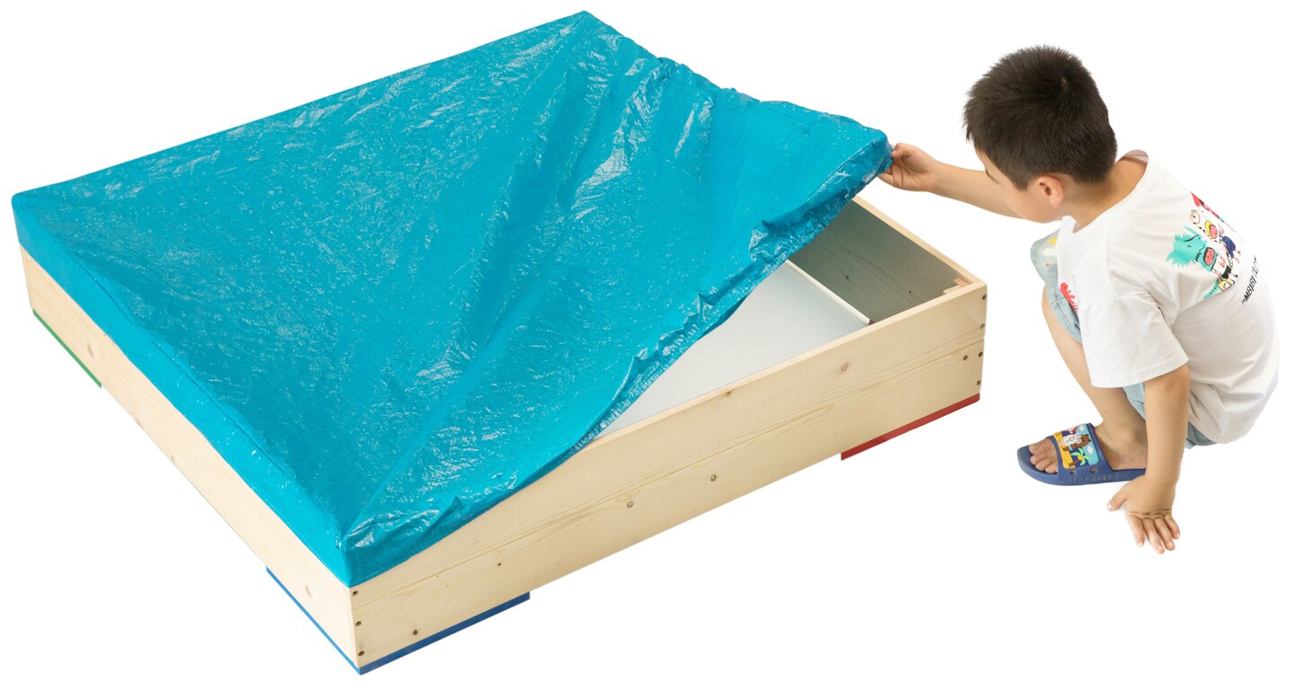 Outdoor Wooden Sand Box with Floor Cover and Waterproof Protection Cover, Square Sandpit for Kids