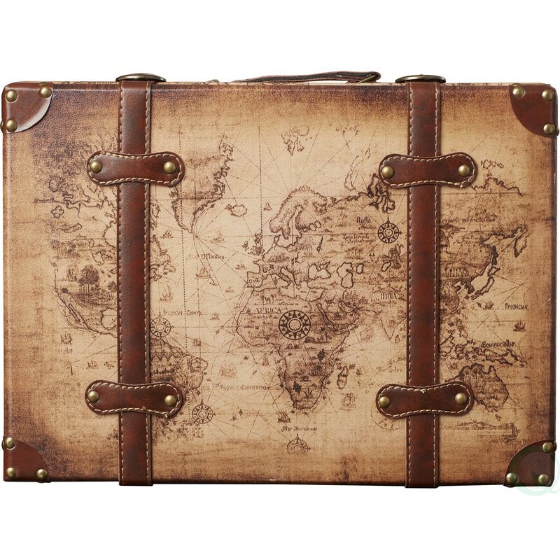 Old World Map Leather Vintage Style Suitcase with Straps, Set of 2