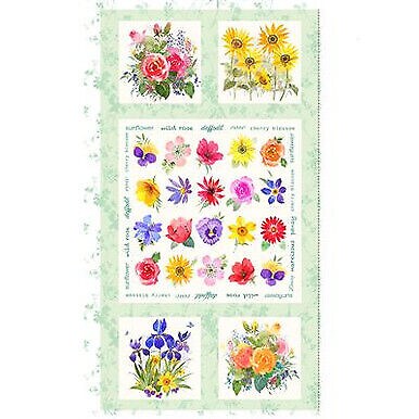Flower Shop Floral Panel Mint Green 24x44 inch Cotton Fabric Clothworks
