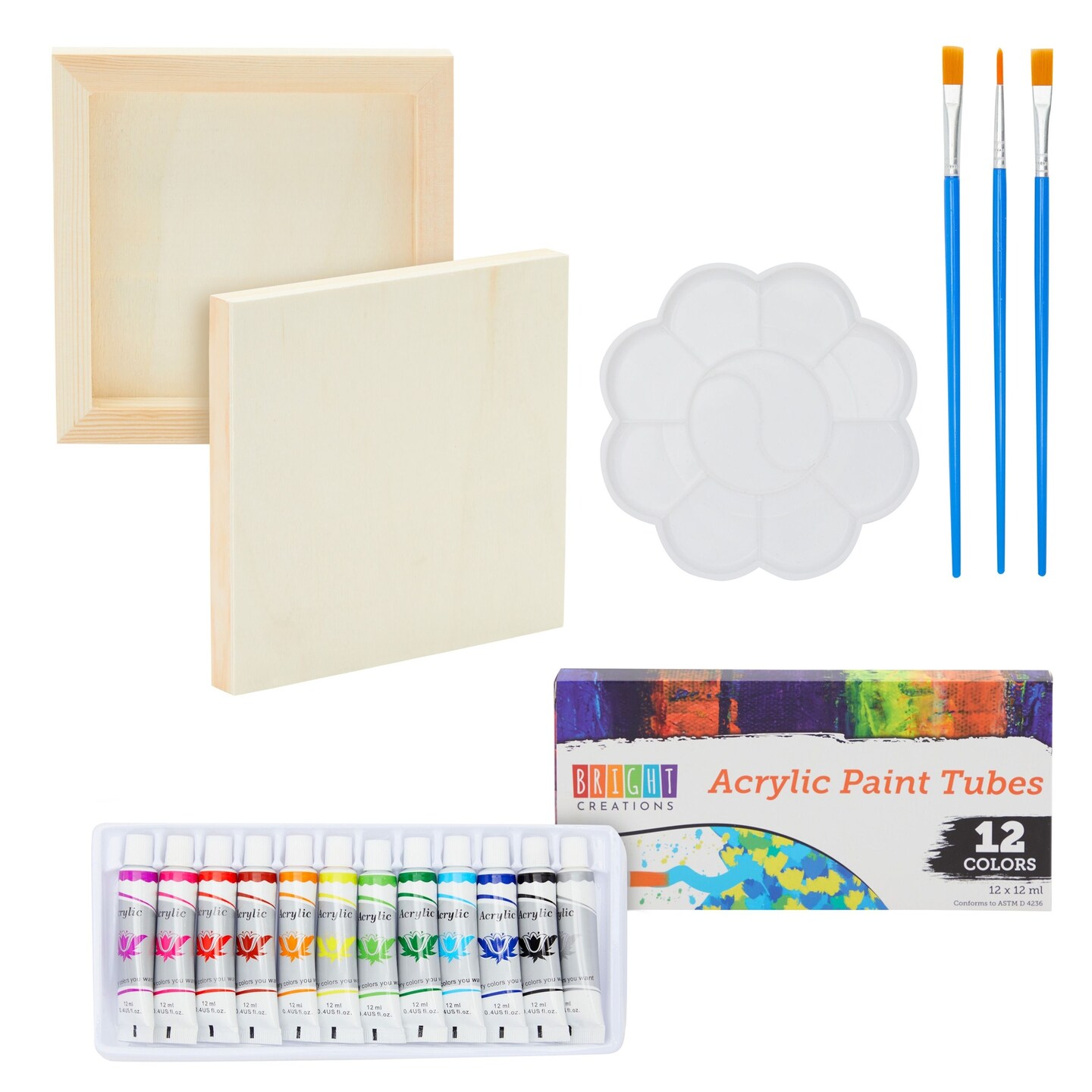 18 Piece 6x6 Canvas Painting Set with 12 Acrylic Paint Tubes, 3 Brushes,  and 1 Palette