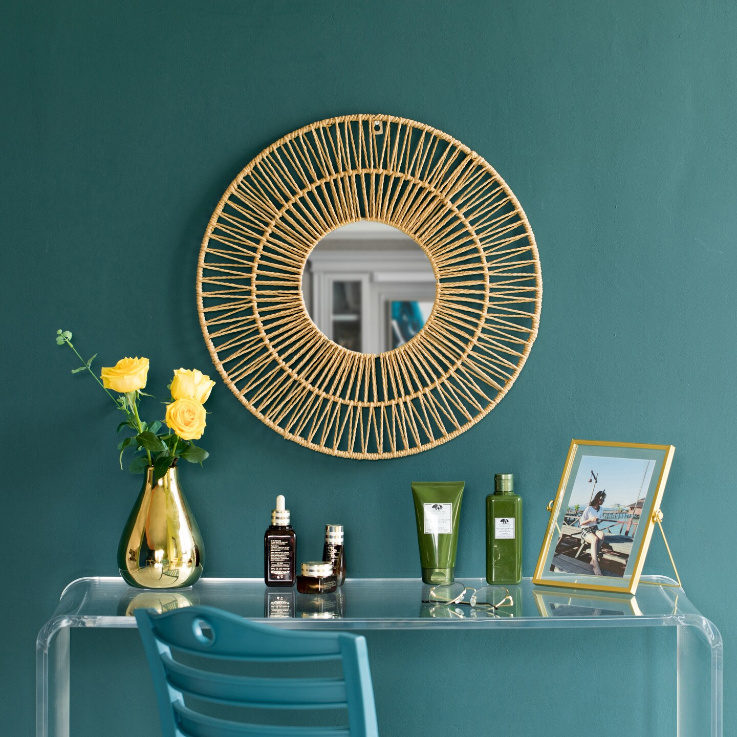 Decorative Woven Paper Rope Round Shape Bamboo Wood Modern Hanging Wall Mirror