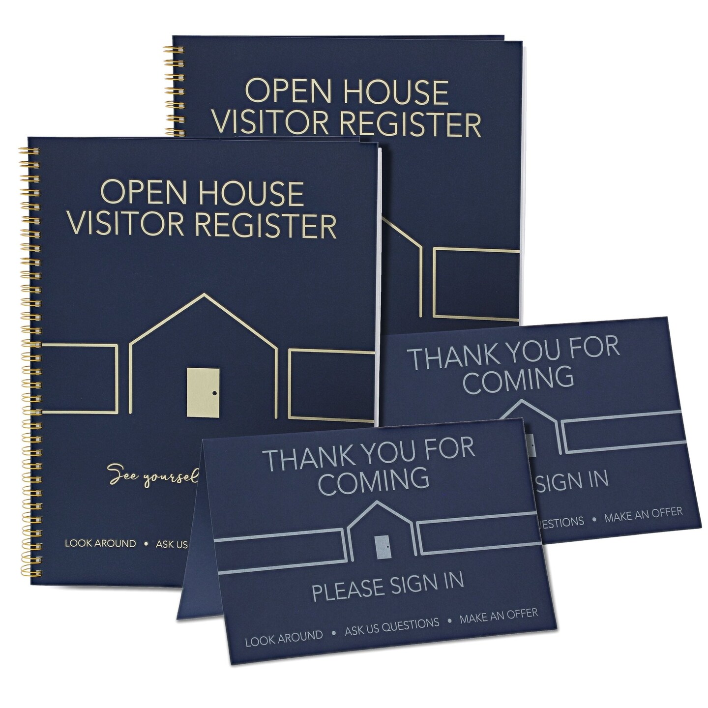 2-Pack Sign In Book for Open House Visitors, Guest Registry with 2-Pack Realtor Tent Cards for Real Estate Agent Supplies, Home Sale Business (Navy Blue, 8.5x11)
