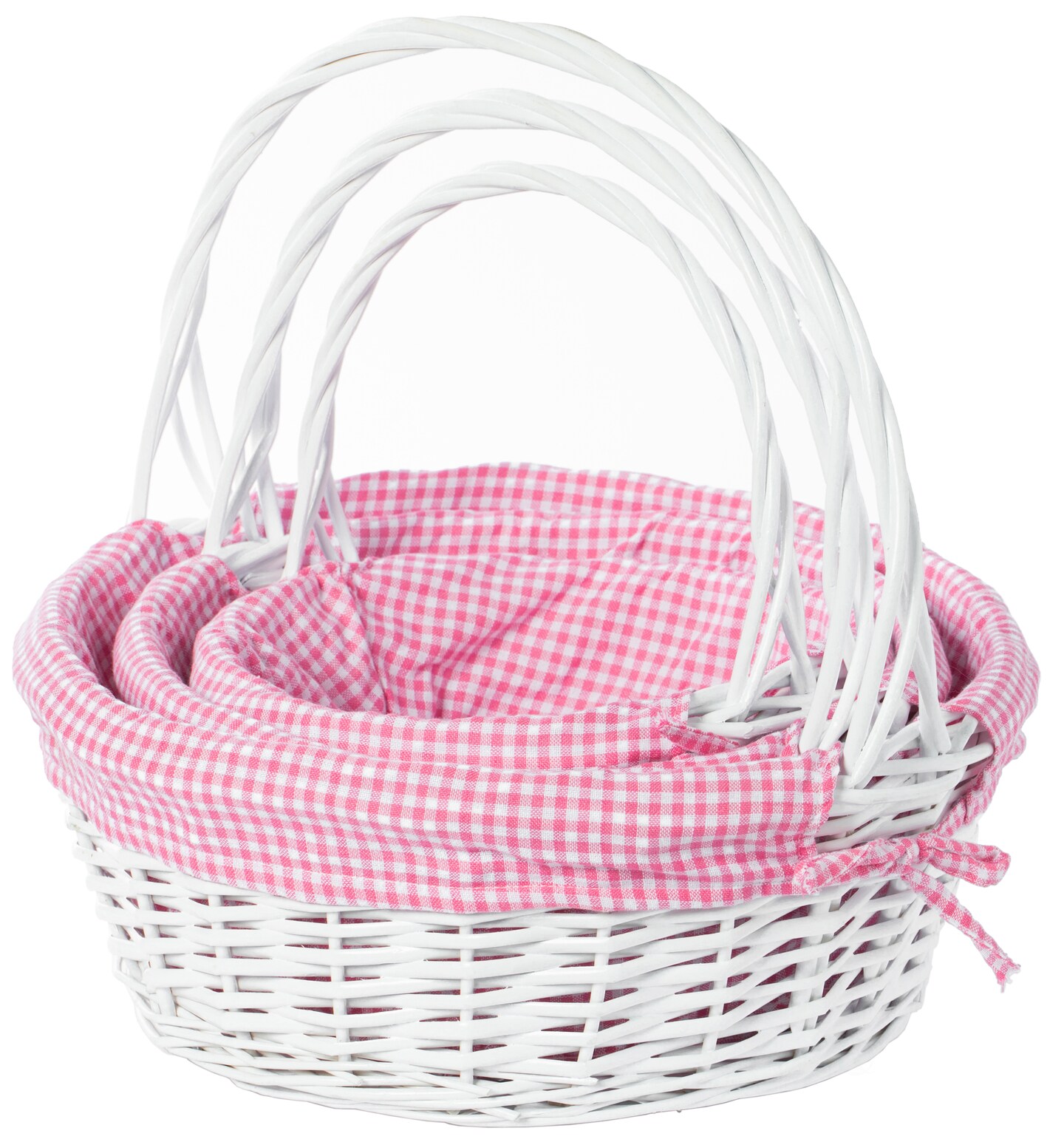 White Round Willow Gift Basket, with Gingham Liner and Handle