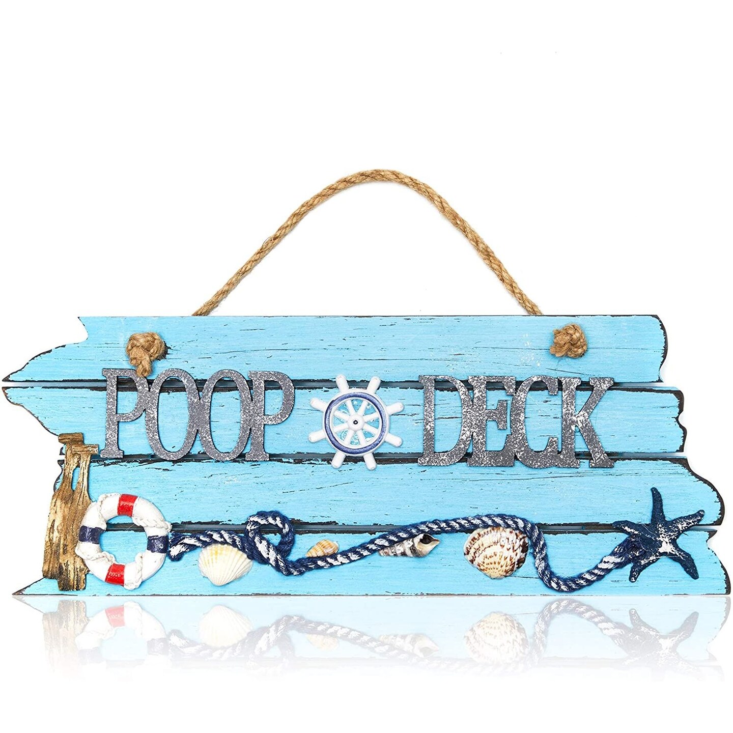 Blue Nautical Poop Deck Hanging Wall Sign Beach Ocean Theme (12 x 7.5 In)