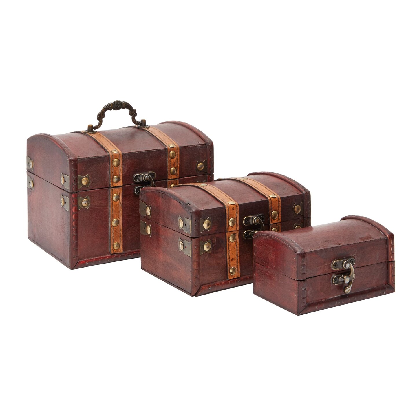 Set of 3 Small Wooden Treasure Chest Boxes, Decorative Vintage Style Storage Boxes for Jewelry Keepsakes (3 Sizes)