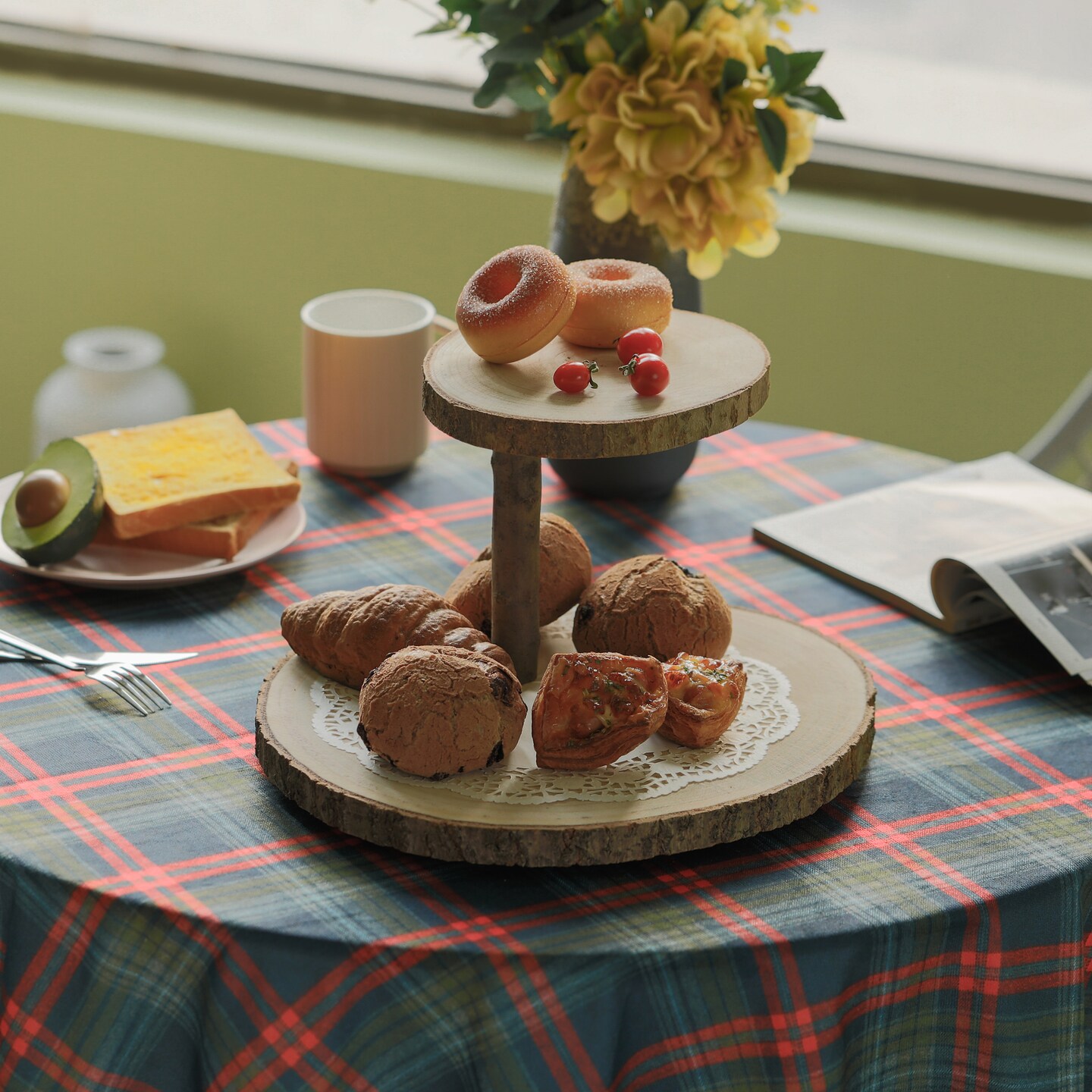 Two Tier Natural Wood Color Tree Bark Server Tray with Rustic Appeal, Two Sizes Trays