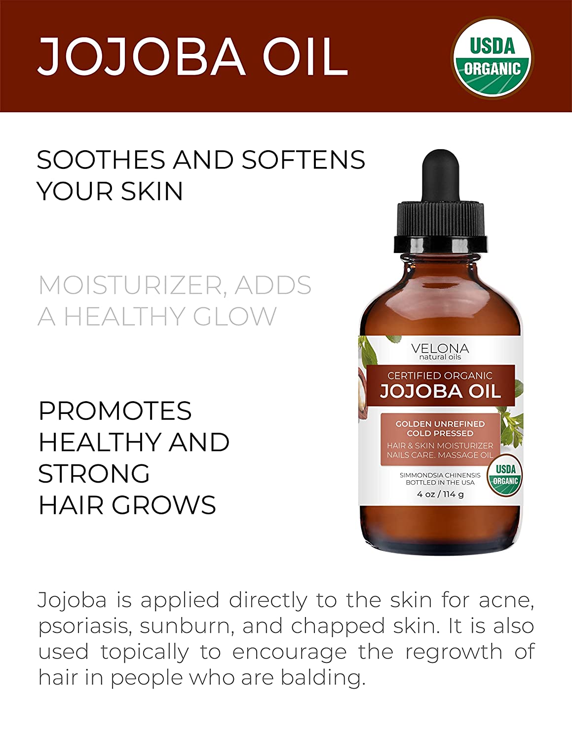 Velona Jojoba Oil USDA Certified Organic - 4 oz | 100% Pure and Natural Carrier Oil| Golden, Unrefined, Cold Pressed, Hexane Free | Moisturizing Face, Hair, Body, Skin Care, Stretch Marks, Cuticles | Use Today - Enjoy Results