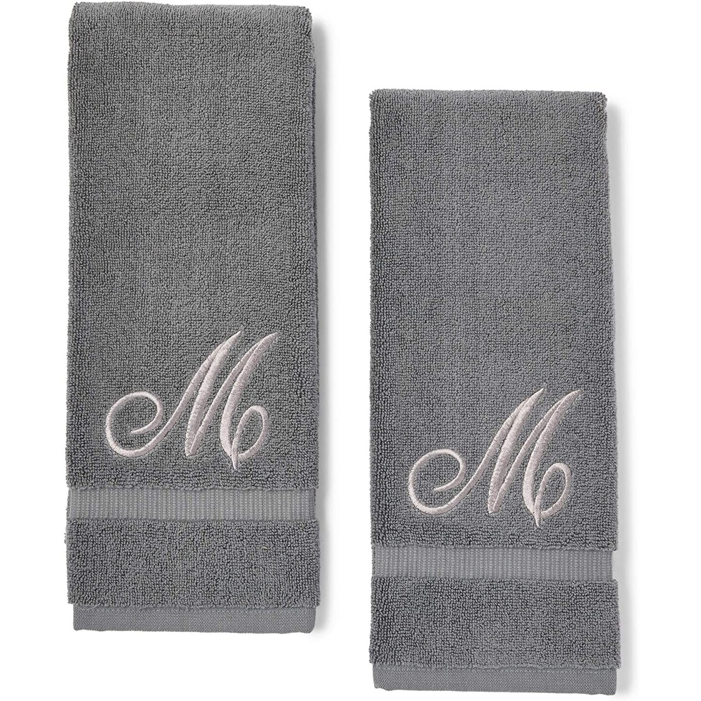 2 Pack Letter M Monogrammed Hand Towels, Gray Cotton Hand Towels with Silver Embroidered Initial M for Wedding Gift, Bridal Shower, Baby Shower, Anniversary (16 x 30 Inches)
