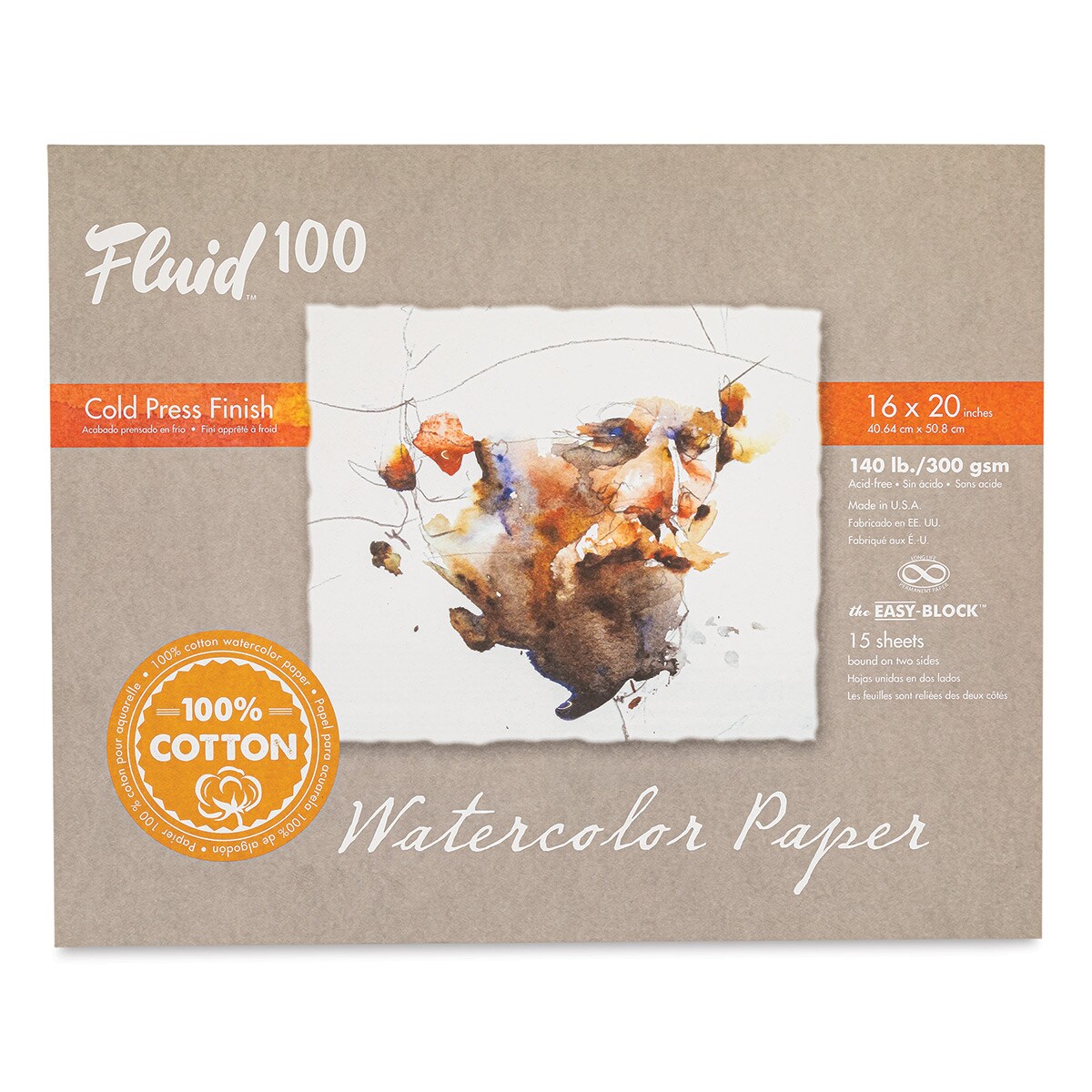 Fluid 100 Watercolor Paper Block - 16" x 20", Pkg of 15 Sheets, 140 lb, Cold Press