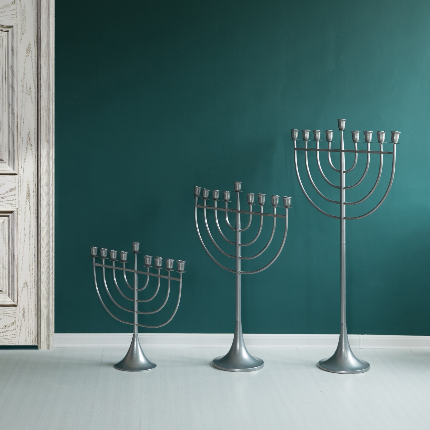 Modern Solid Metal Judaica Hanukkah Menorah 9 Branched Candelabra