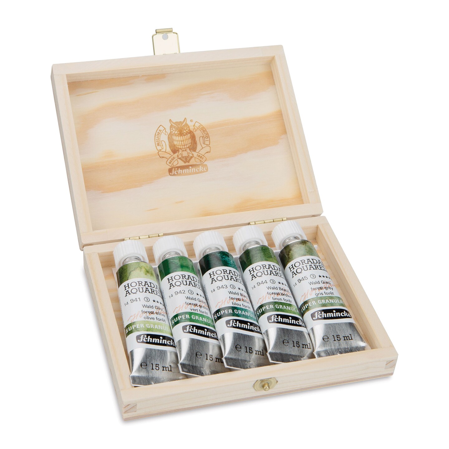 Schmincke Horadam Aquarell Artist Watercolor - Set of 5, Forest, Supergranulation, Wood Box, 15 ml, Tubes