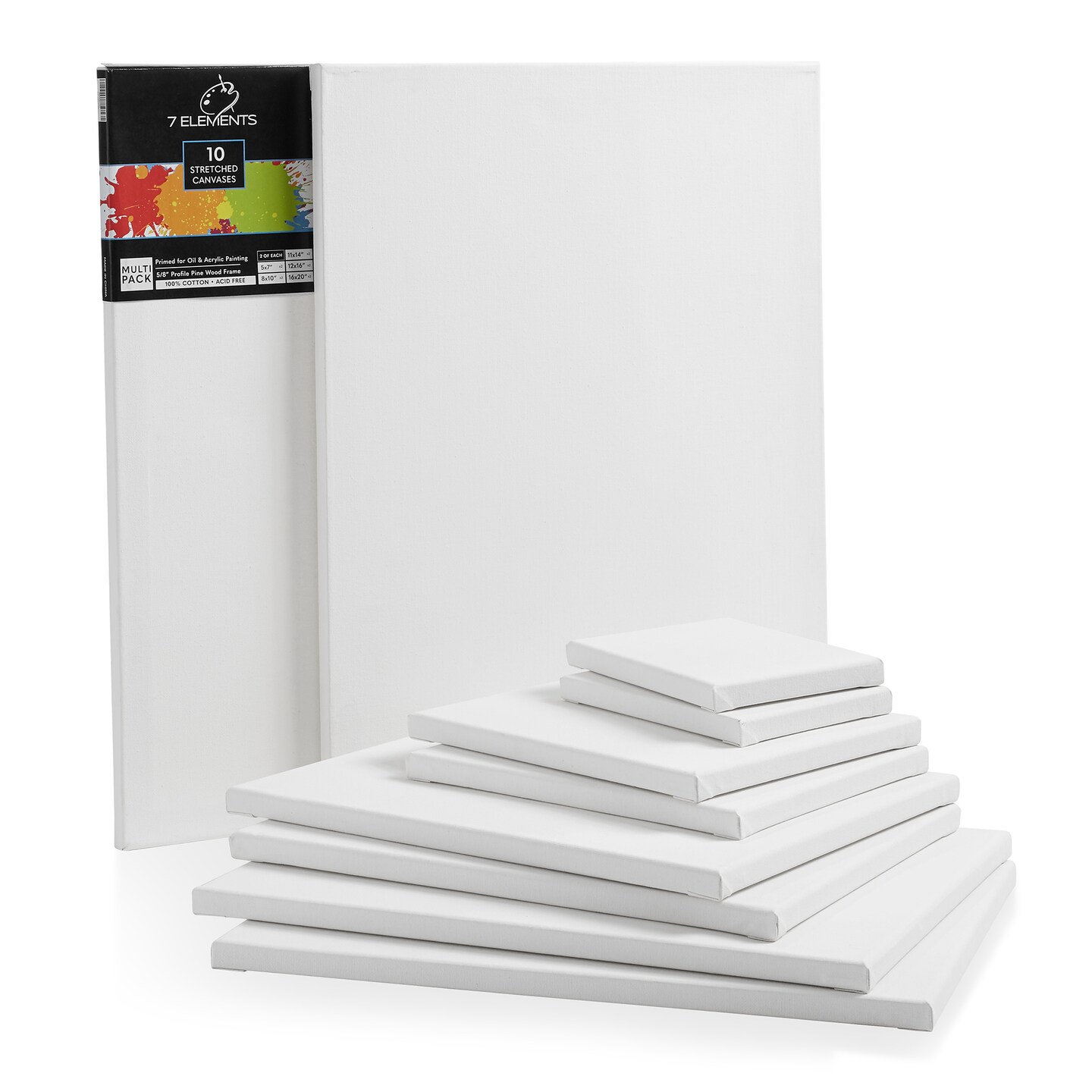 7 Elements (10 pack) Multi-sized Stretched Canvas for Painting - 100%  Cotton Pre Primed White Art Canvases