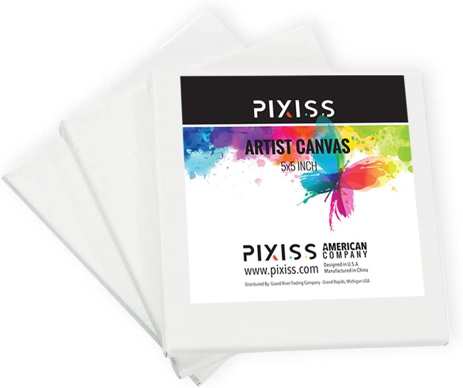 Pixiss Acrylic Paints Set of 16 (59 ml/2floz), 10 Paint Brush, 5x5-Inch Canvases 3 Pack