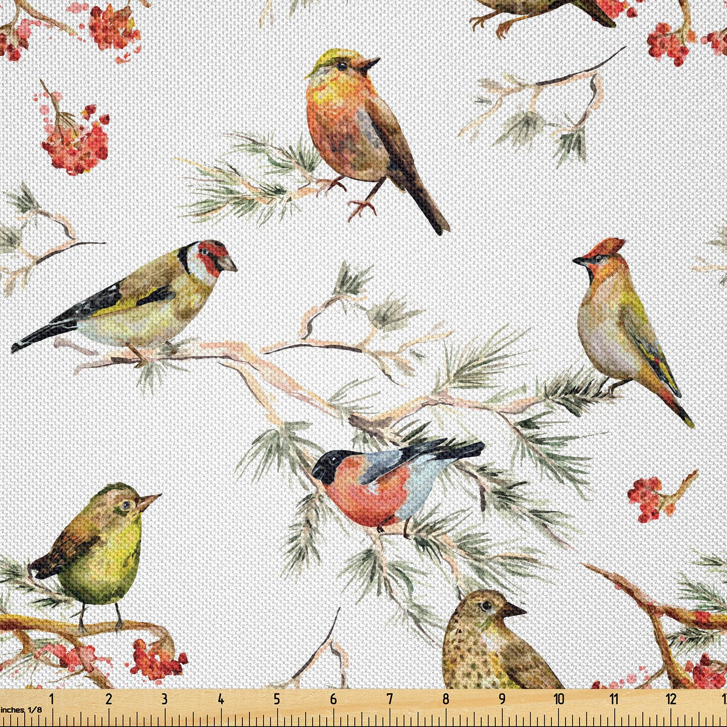 Ambesonne Animal Fabric by The Yard, Sparrows Birds Leaves Branches Pine Trees Watercolor Image Artwork, Decorative Satin Fabric for Home Textiles and Crafts, 1 Yards, Multicolor