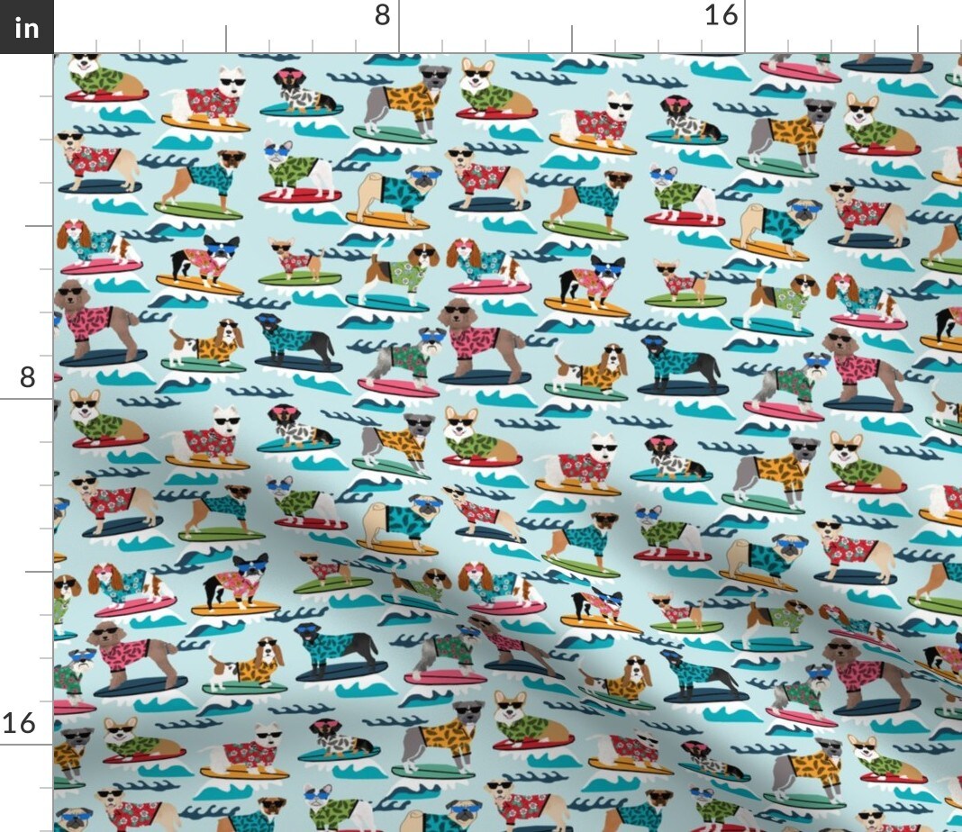 Surfing Dogs Summer Beach Fun Small Surf Tropical Cute Pug Pugs Frenchie Custom Printed Fabric by Spoonflower Various Fabrics by the Yard or Fat Quarter