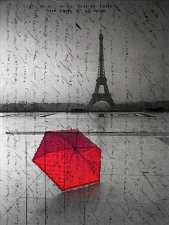 Red umbrella in front of the Eiffel tower with handwritting overlay Poster Print by  Assaf Frank - Item # VARPDXAF20120314239P