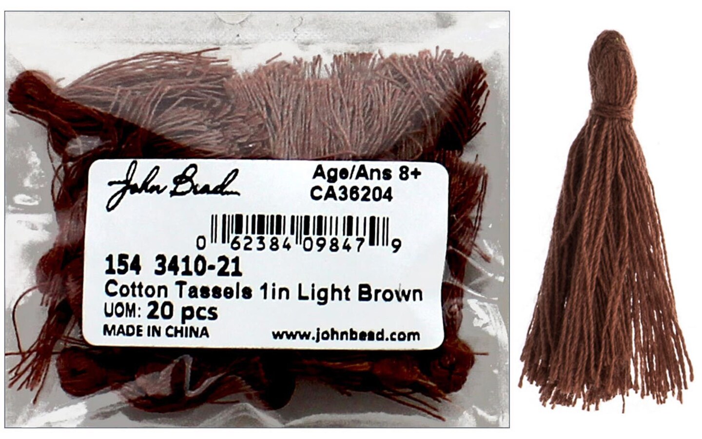 John Bead Tassel 1&#x22; Cotton 20pc Light Brown