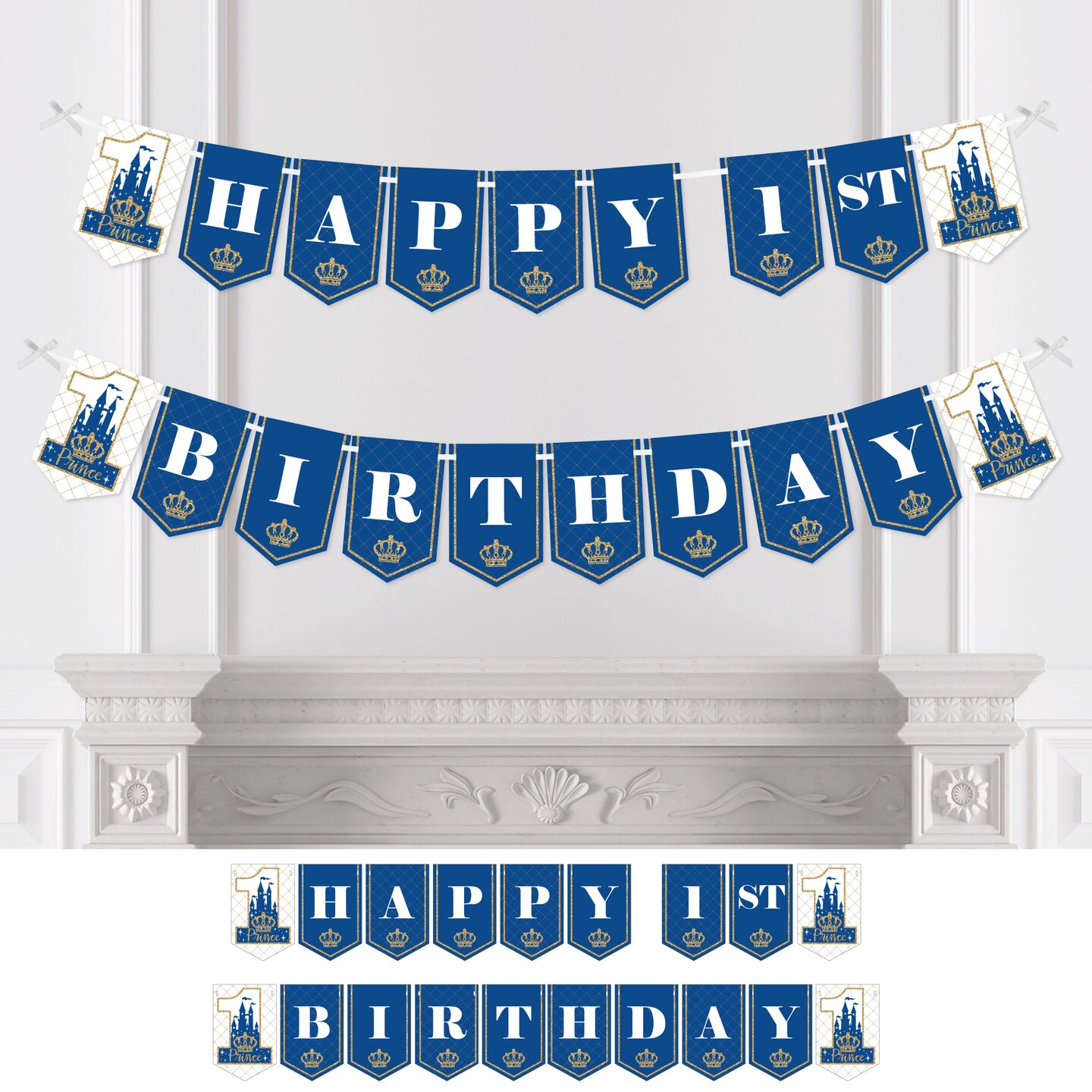 Big Dot of Happiness 1st Birthday Royal Prince Charming - First Birthday Party Bunting Banner - Party Decorations - Happy 1st Birthday