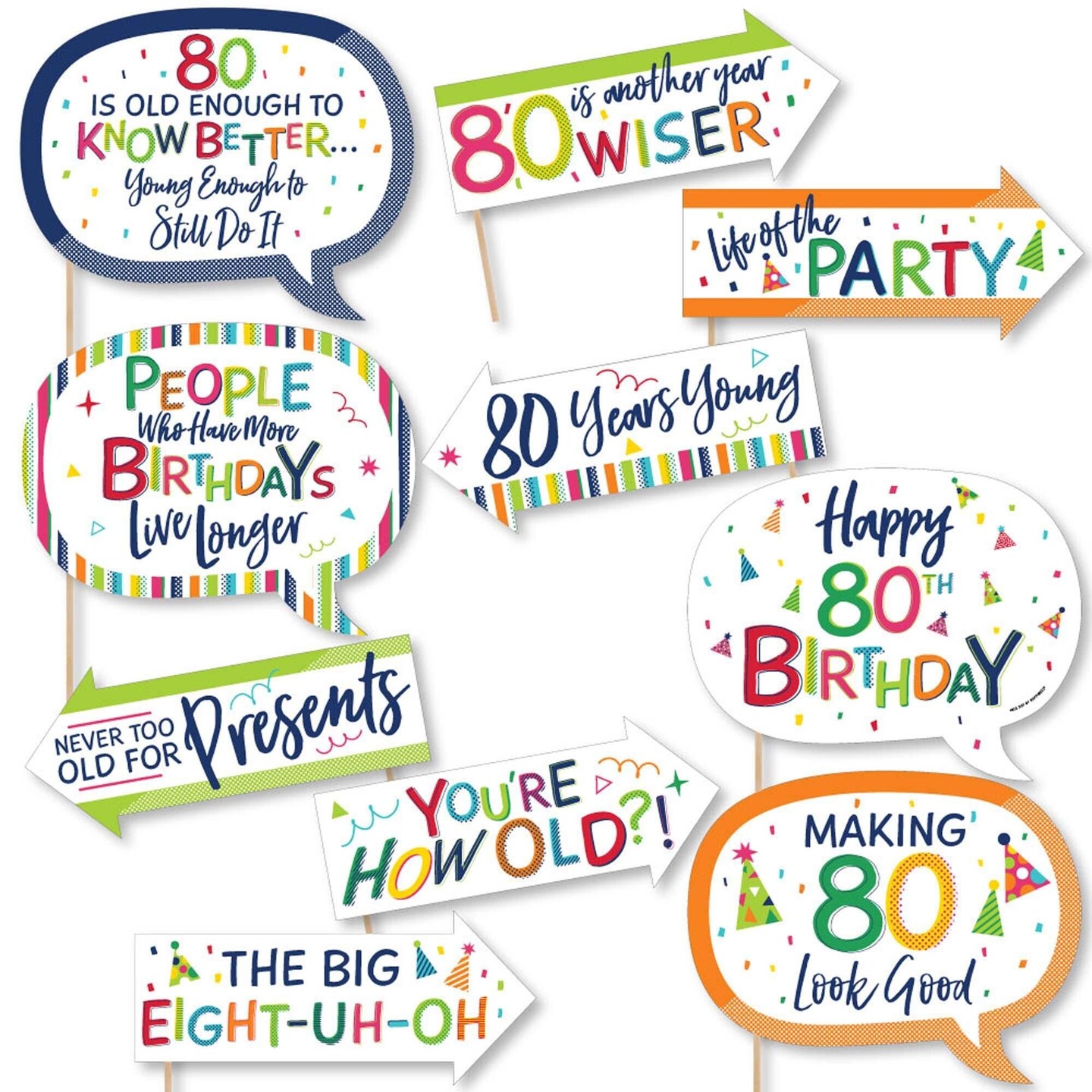 Big Dot of Happiness Funny 80th Birthday - Cheerful Happy Birthday - Colorful Eightieth Birthday Party Photo Booth Props Kit - 10 Piece