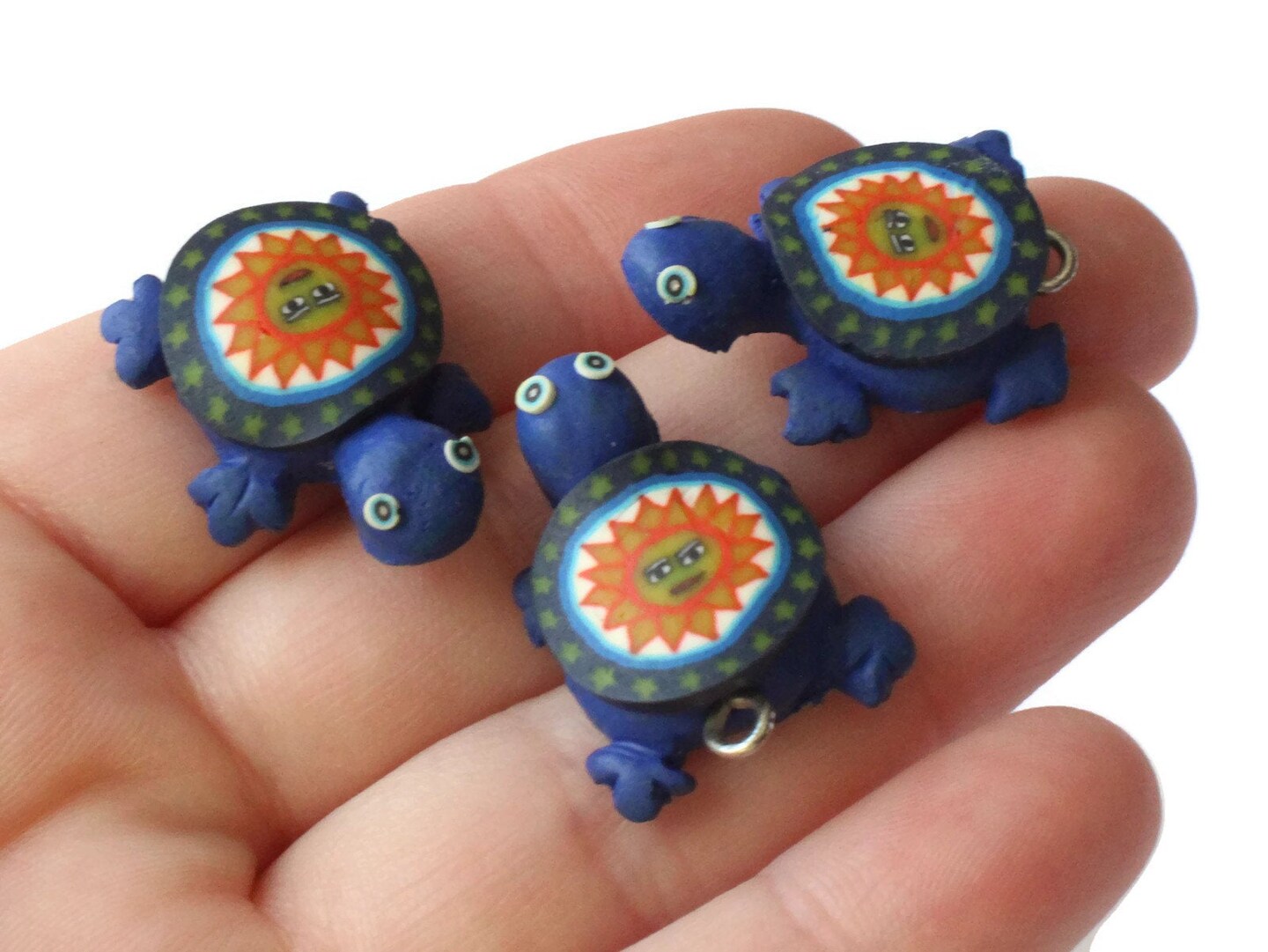 4 Blue Turtles with Sun on the Shell Turtle Charms Tortoise Links Polymer Clay Turtle Beads