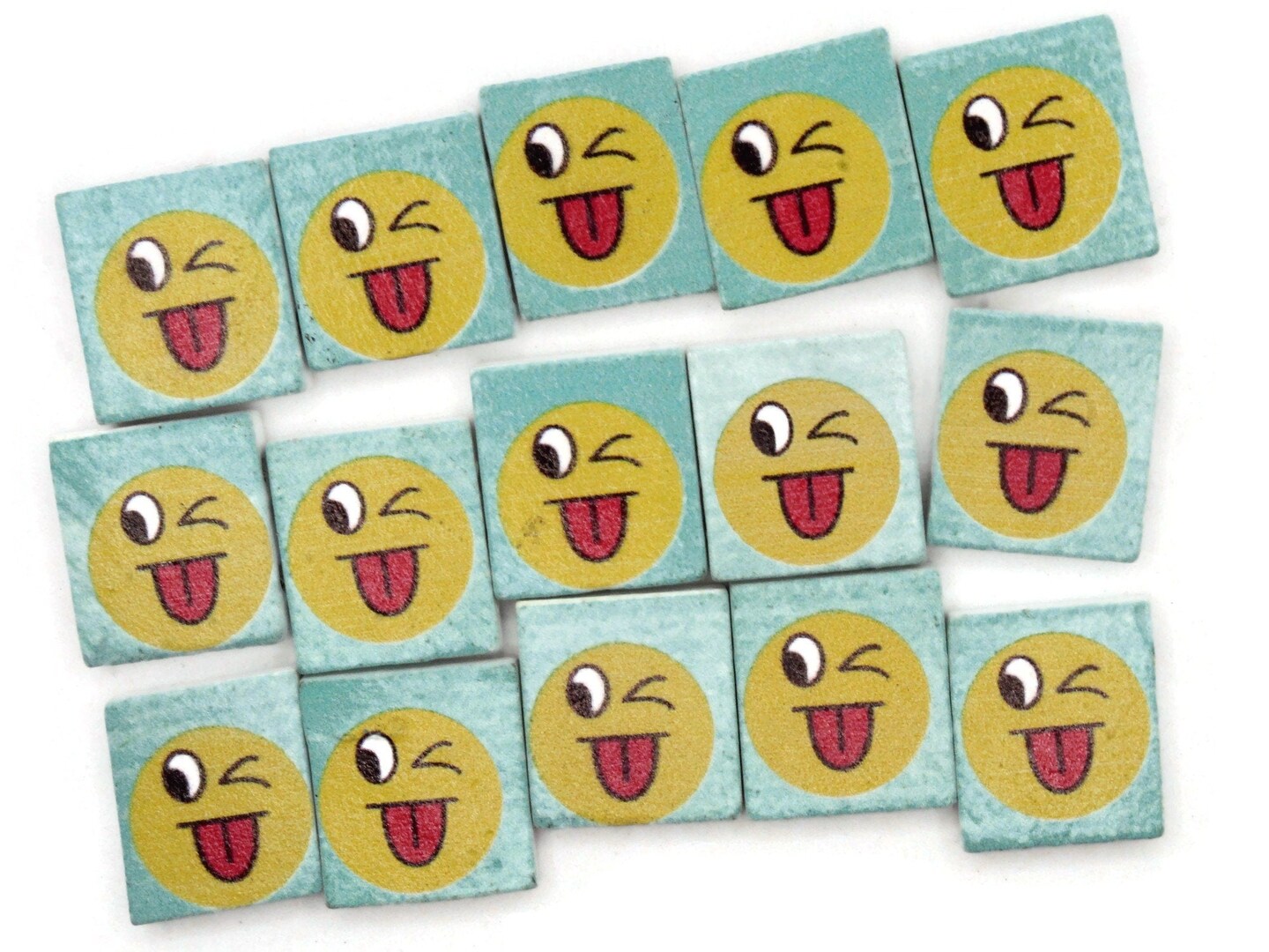 15 20mm Blue and Yellow Winking Wooden Happy Face Rectangle Beads - Two Hole Emoji Beads