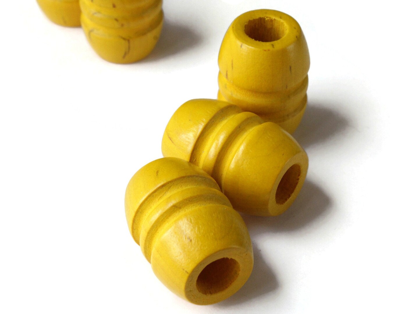 5 28mm Large Yellow Fluted Barrel Beads Vintage Wood Macrame Beads