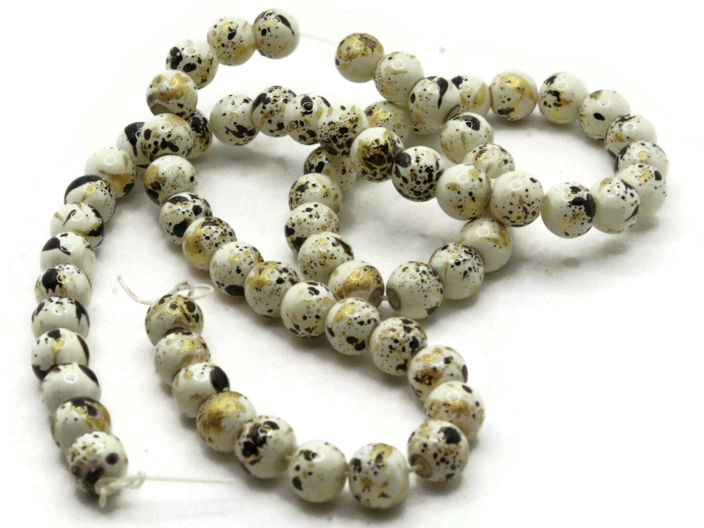 68 6mm Ivory, Gold and Black Splatter Paint Smooth Round Glass Beads