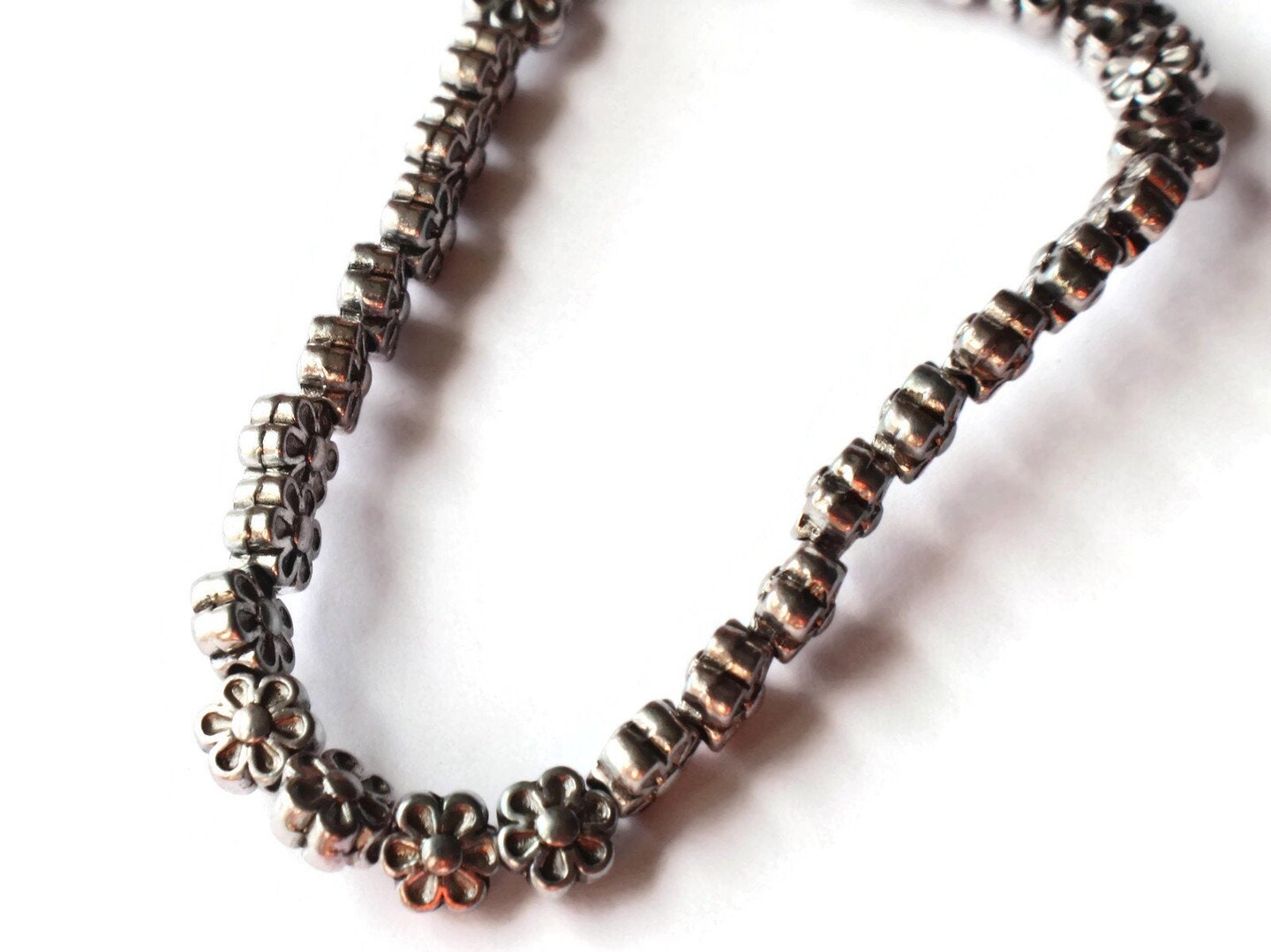 35 6.5mm Silver Six Petal Flower Metal Beads 8 Inch Strand