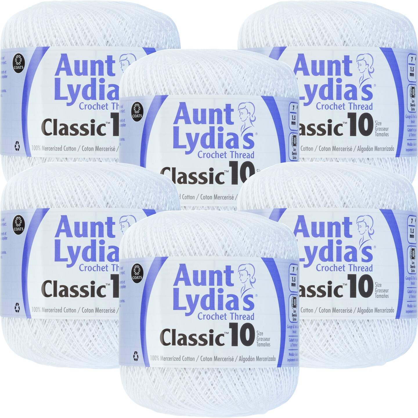 Multipack of 6 - Aunt Lydia&#x27;s Classic Crochet Thread Size 10-White