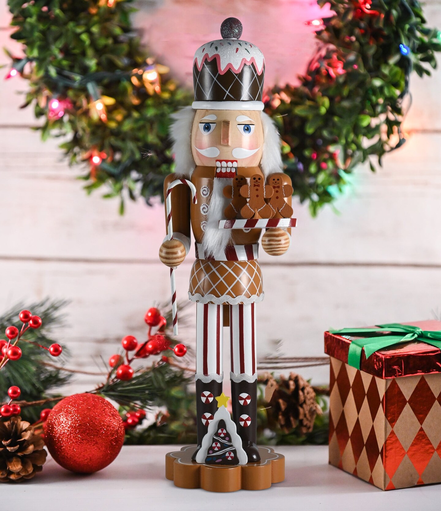 Ornativity Christmas Candyland Gingerbread Nutcracker &#x2013; Wooden Nutcracker Candy Man with Candy Cane and Gingerbread Cookies in Hand Xmas Themed Holiday Nut Cracker Doll Figure Decorations