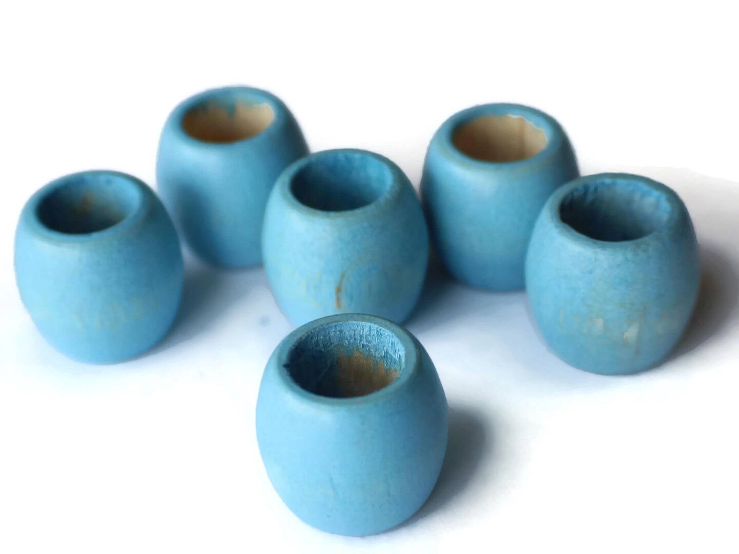 8 17mm Wooden Barrel Beads Large Hole Sky Blue Vintage Wood Beads