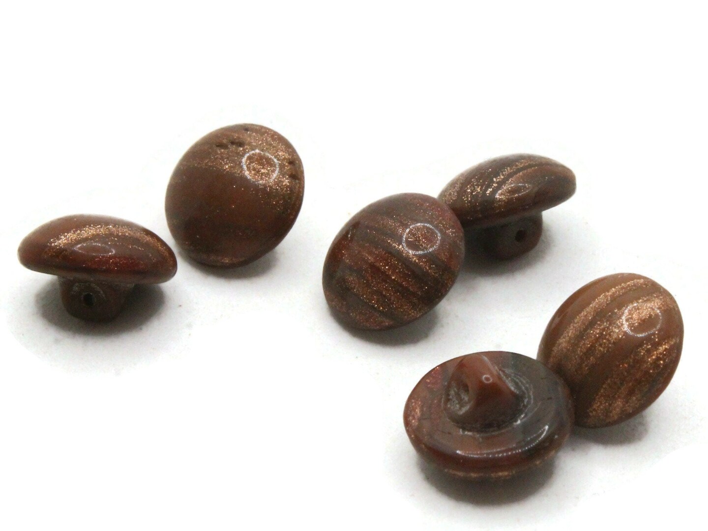 6 11mm Vintage Brown and Gold Glass Shank Buttons Sewing Notions