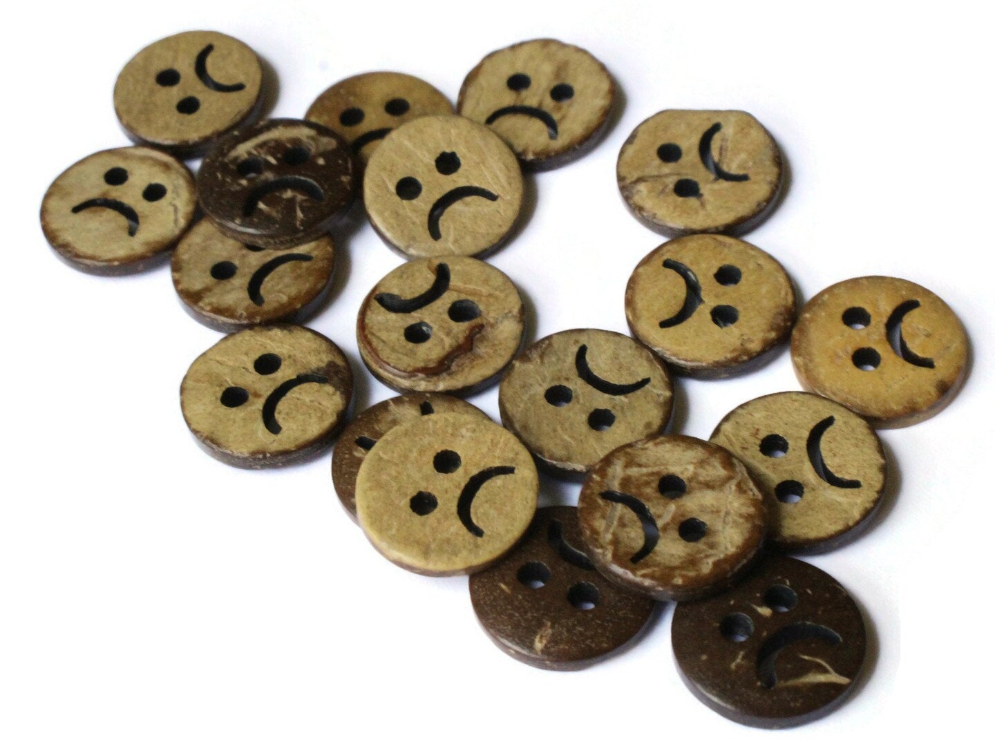 20 13mm Brown Sad Face Coconut Shell Buttons Wood 2 Hole Buttons