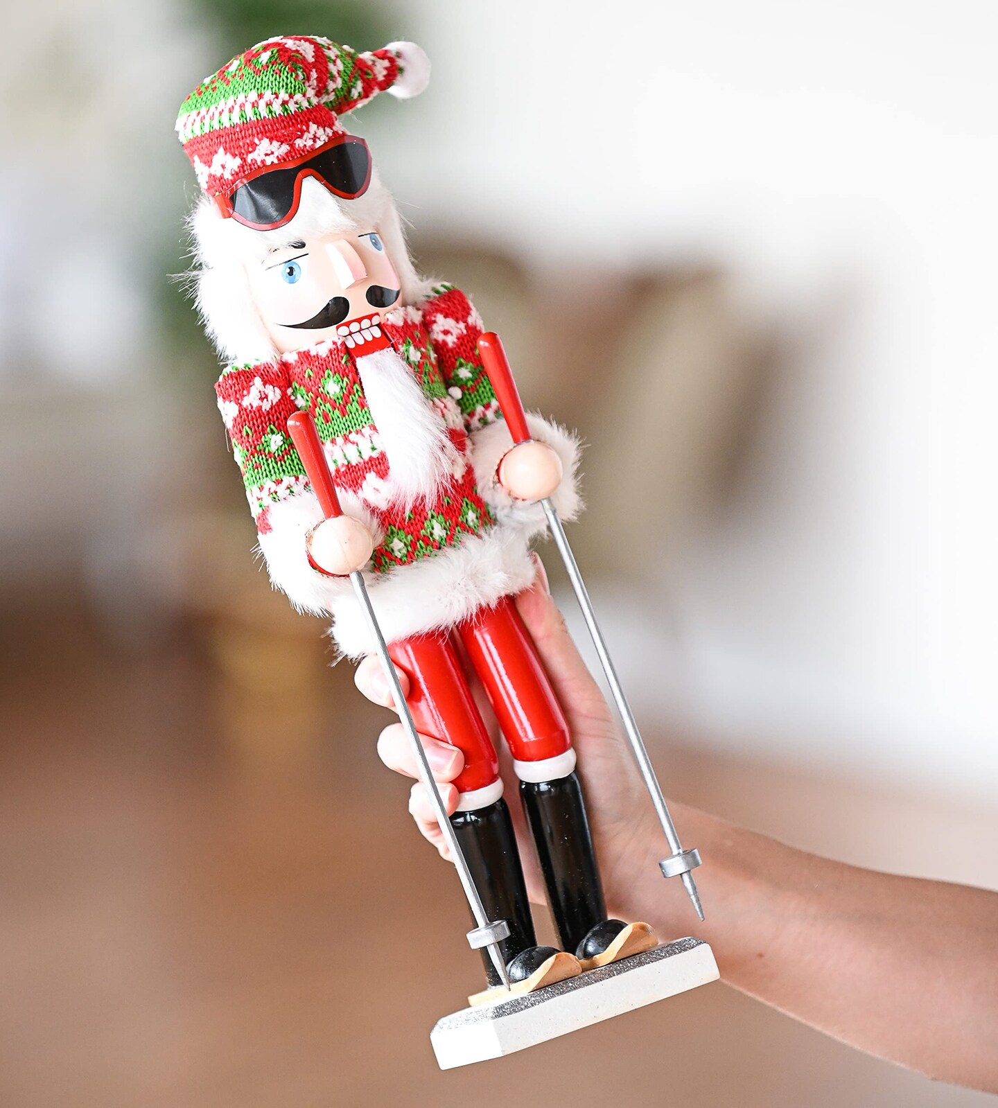 Ornativity Christmas Skier Man Nutcracker &#x2013; Red and Green Wooden Nutcracker Guy with Ugly Sweater and Ski Sticks in Skiing Pose Xmas Themed Holiday Nut Cracker Doll Figure Decorations