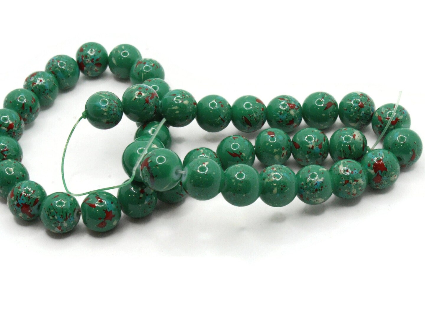 40 10mm Green and Red Splatter Paint Smooth Round Glass Beads