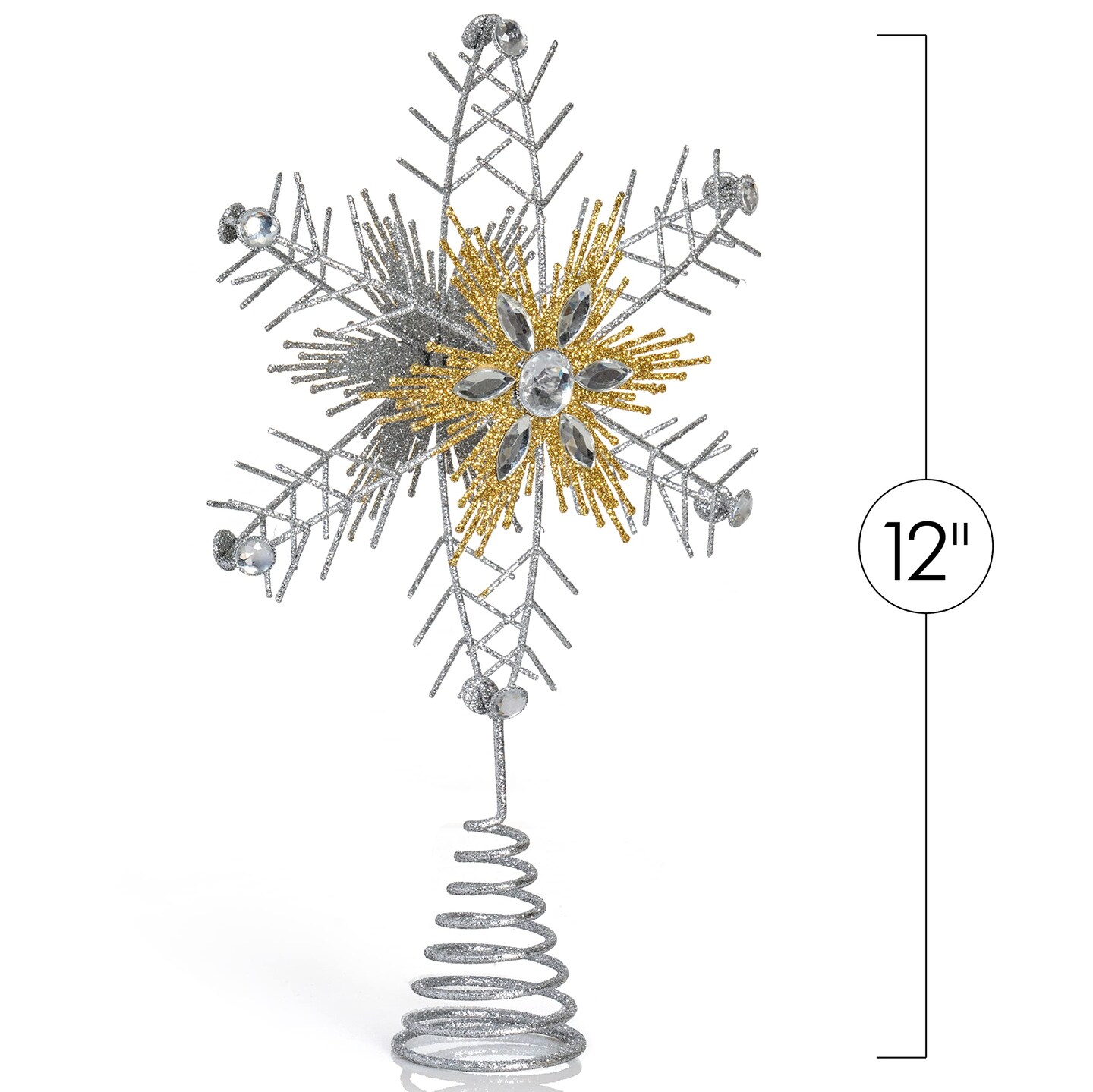 Ornativity Glitter Snowflake Tree Topper &#x2013; Silver and Gold Bare Branches Styled Sparkling Gem Detailed Christmas Star Tree Top Ornament Decorations