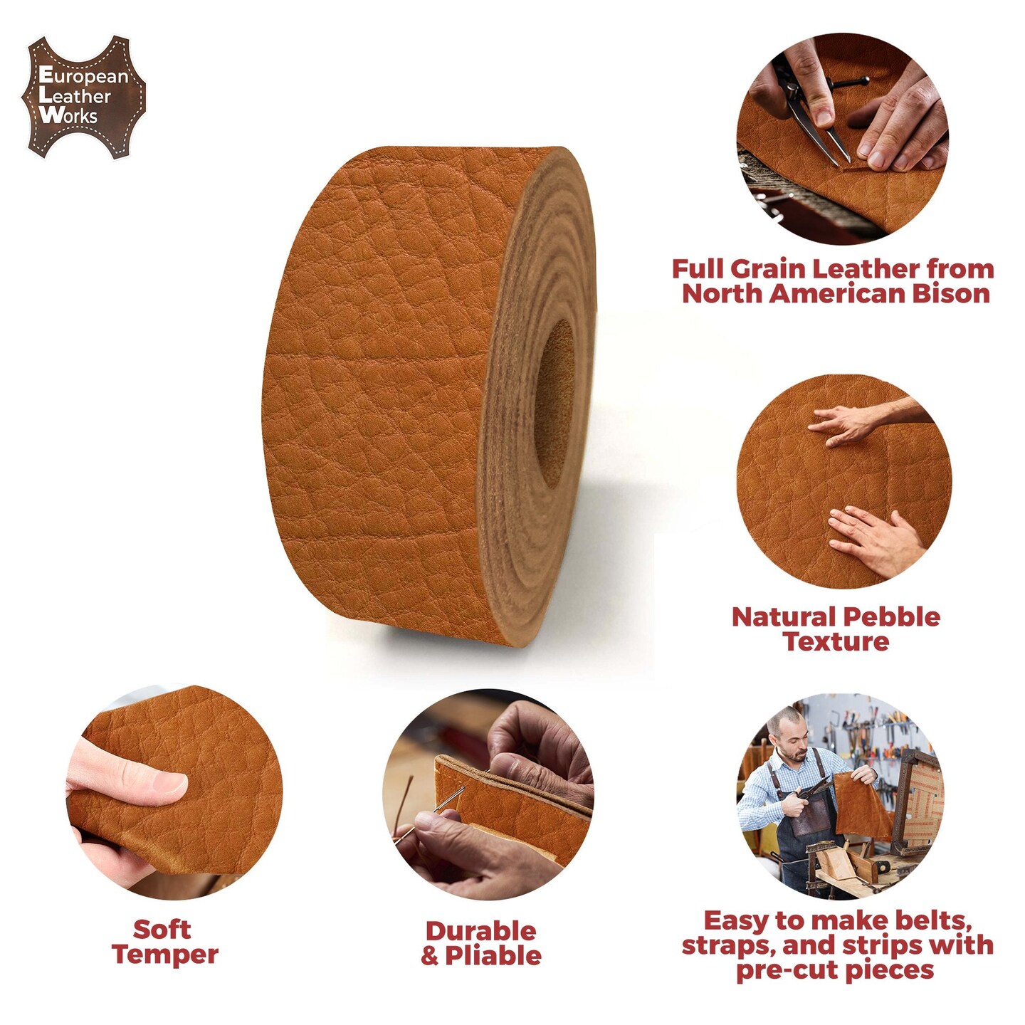 ELW Genuine American Leather Bison 8-9 oz (3.2-3.4mm) Thickness - Straps, Belts, Strips - 60" -  Full Grain Hide DIY Craft Projects, Bag, Chap, Moccasins, Jewelry, Wrapping