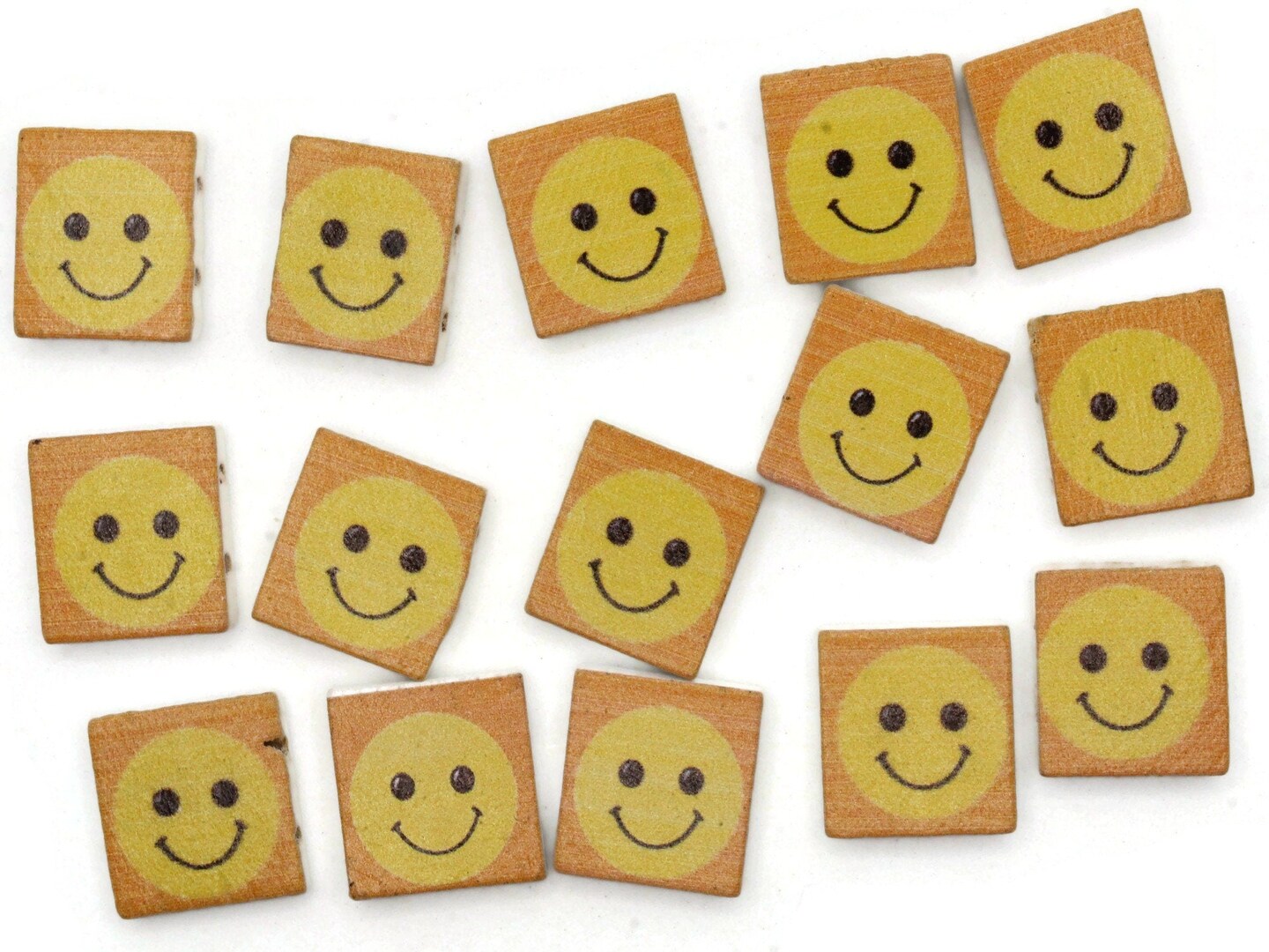 15 20mm Orange and Yellow Beads Wooden Rectangle Happy Face Beads - Two Hole Emoji Beads