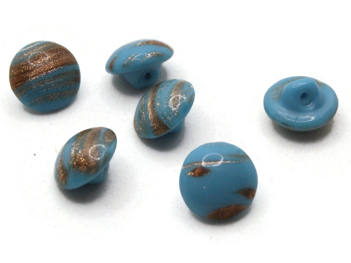 6 11mm Vintage Turquoise Blue and Gold Glass Shank Buttons Sewing Notions