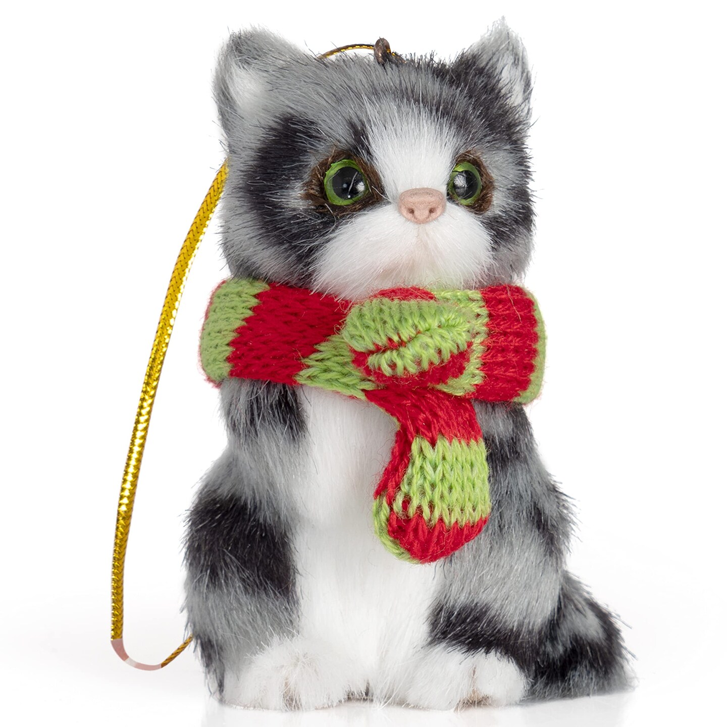 Ornativity Christmas Mini Cat Ornament - Furry Grey Kitten with Scarf Holiday Tree Hanging Decoration