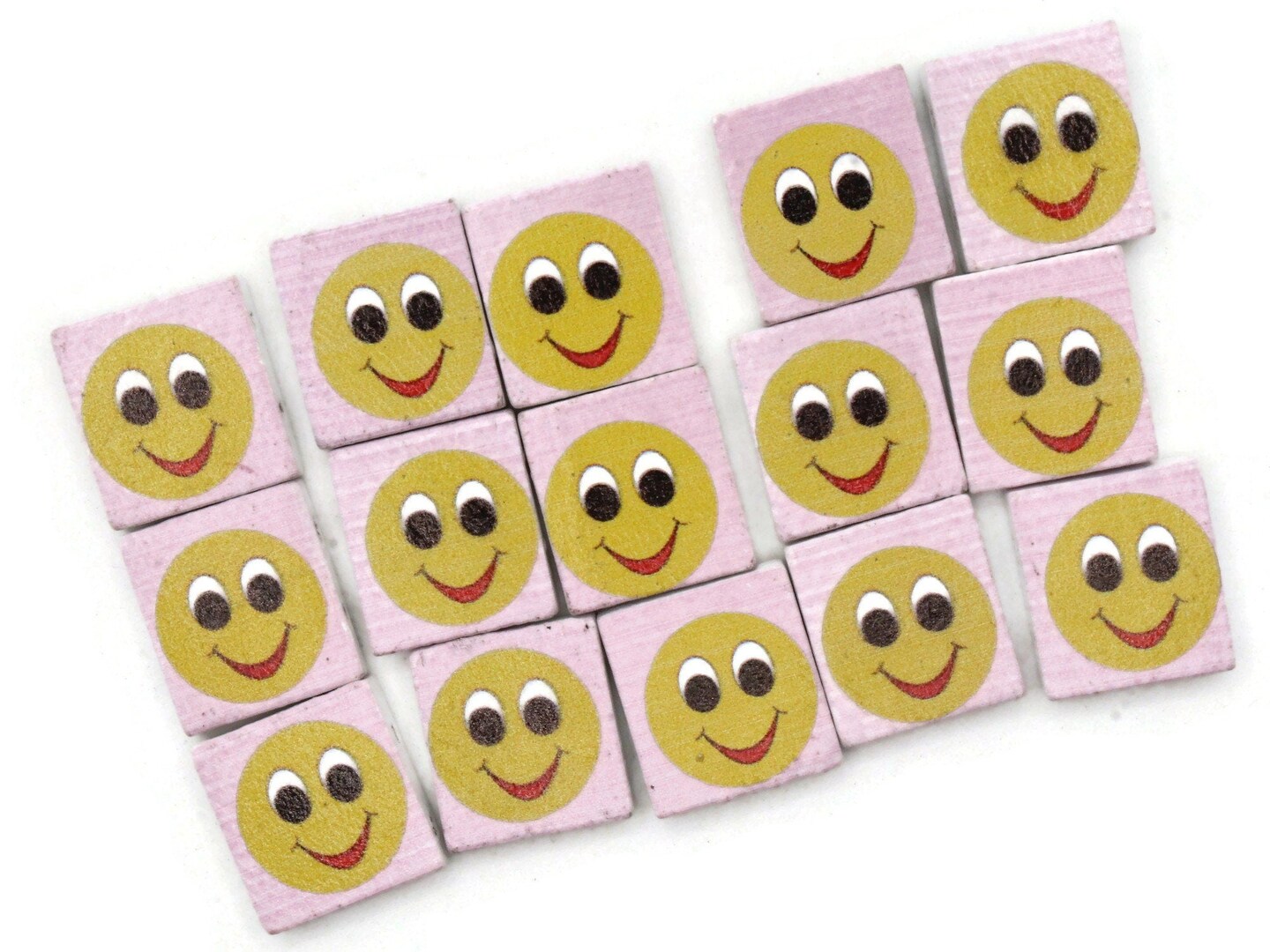 15 20mm Pink and Yellow Wooden Happy Face Beads - Two Hole Emoji Beads