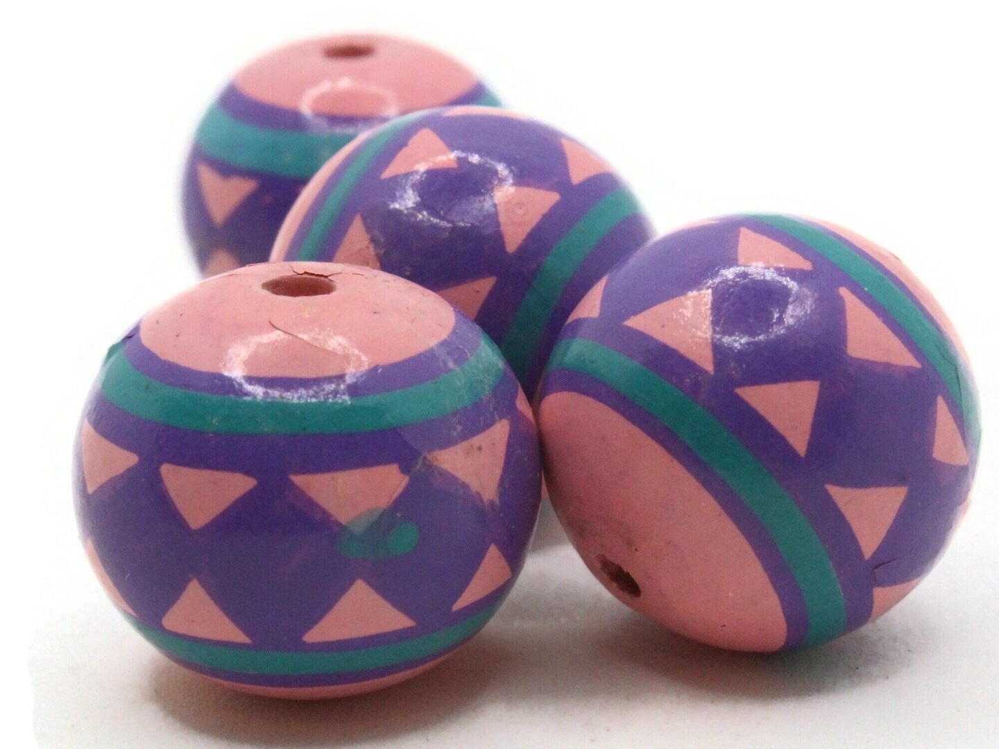 4 17mm Vintage Painted Pink Purple and Blue Round Peruvian Clay Beads