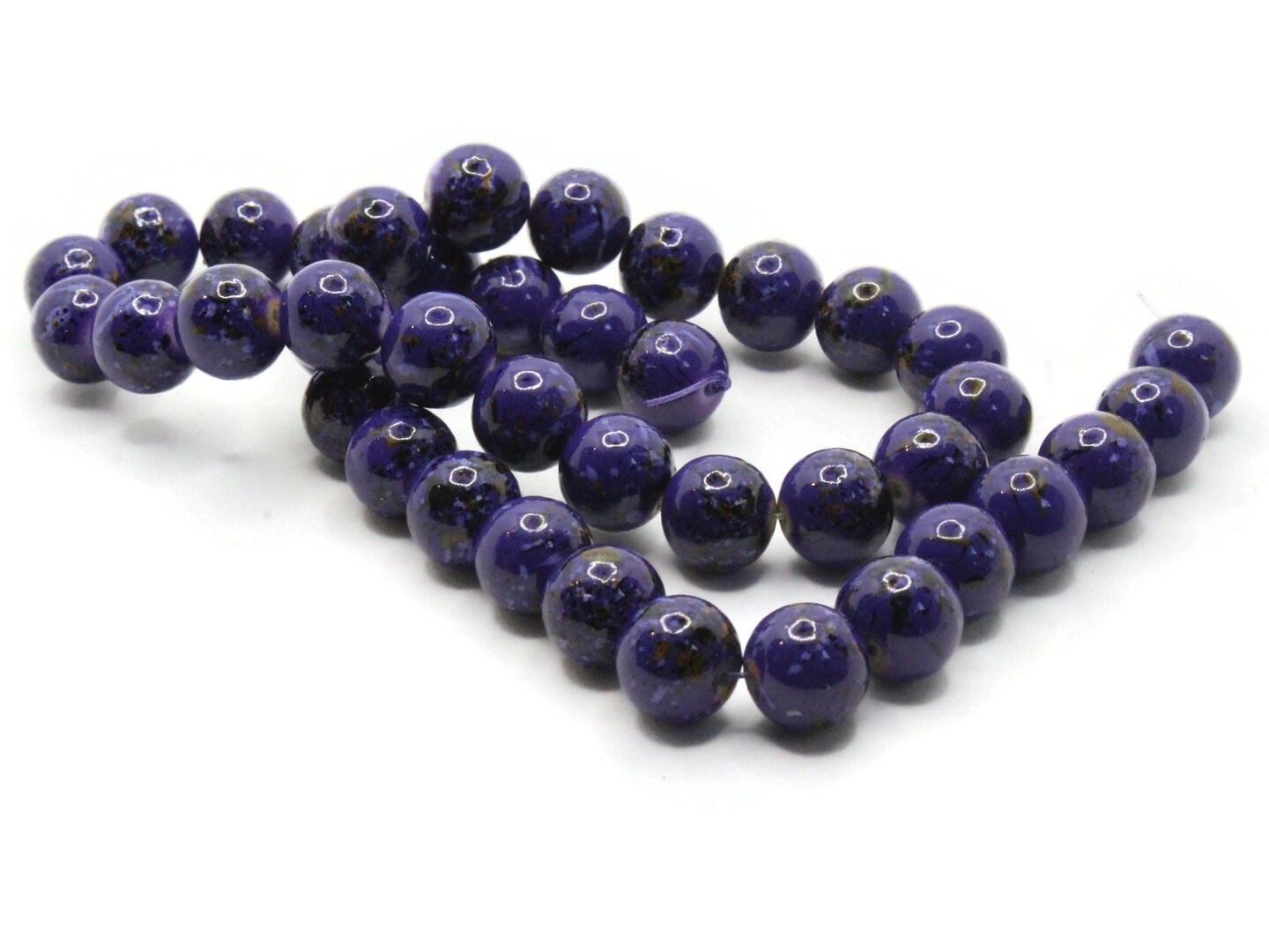 40 10mm Blue with Black and Brown Splatter Paint Round Glass Beads